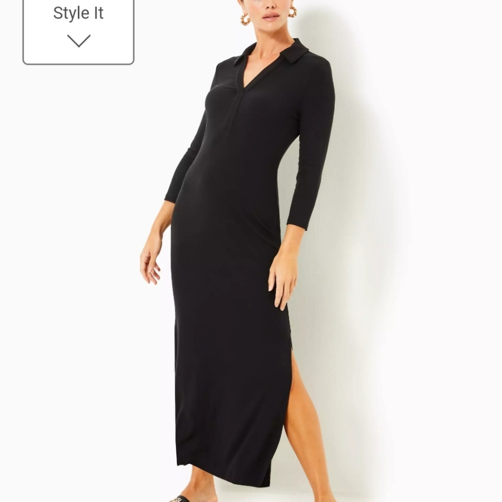 NWT Lilly Pulitzer  Ollie 3/4 sleeved Maxi Polo dress in black, vneck dress sz L